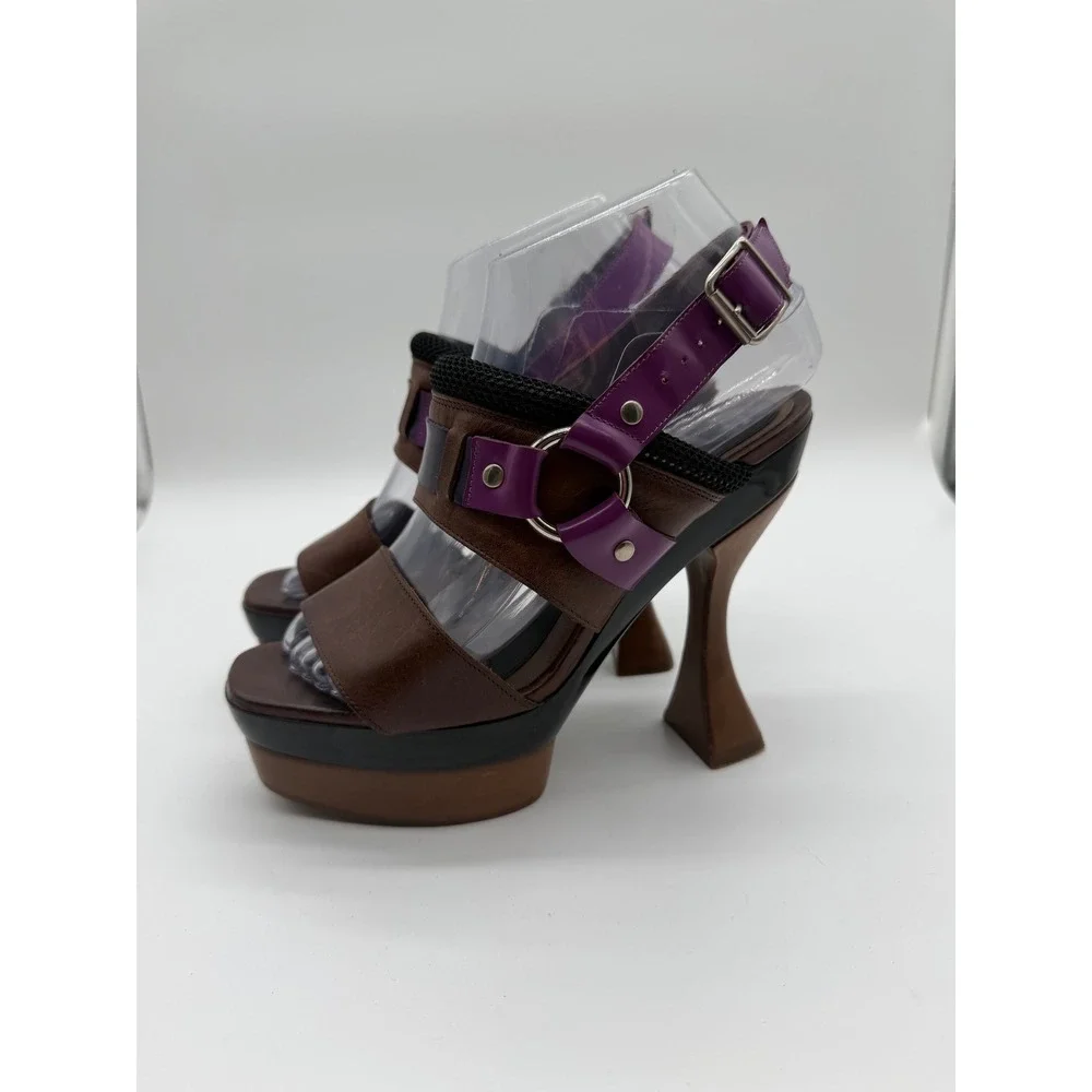 Marni Brown Purple Leather Architectural Platform Sandals Sculptural Heel 6.5